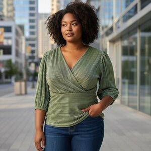 Express Women's Ruched V-Neck Puff Sleeve Shirt Green Med‎ Fairycore Balletcore